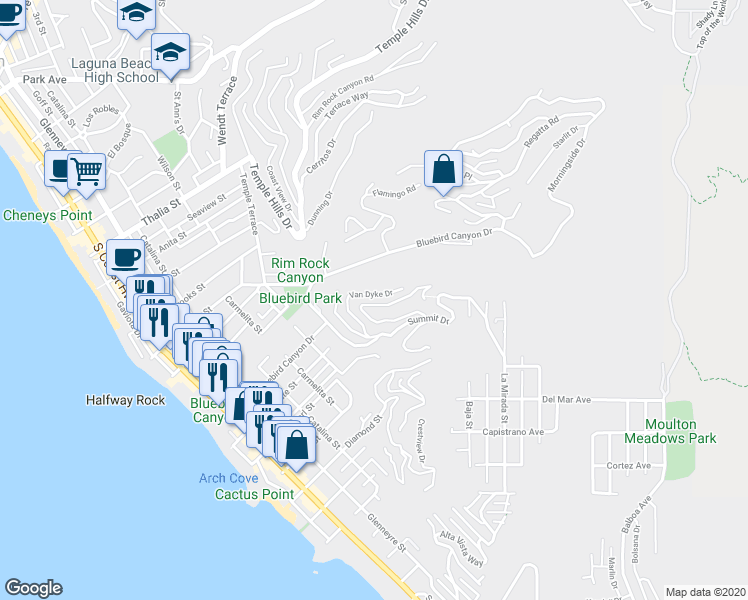 map of restaurants, bars, coffee shops, grocery stores, and more near 1025 Van Dyke Drive in Laguna Beach