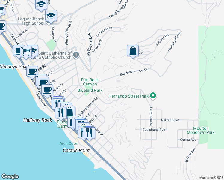 map of restaurants, bars, coffee shops, grocery stores, and more near 1025 Van Dyke Drive in Laguna Beach
