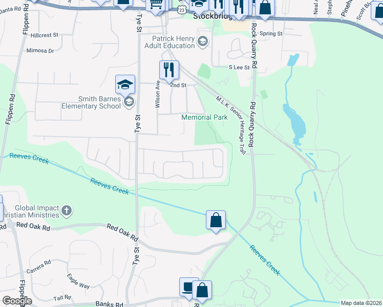 map of restaurants, bars, coffee shops, grocery stores, and more near 134 Misty Ridge Trail in Stockbridge