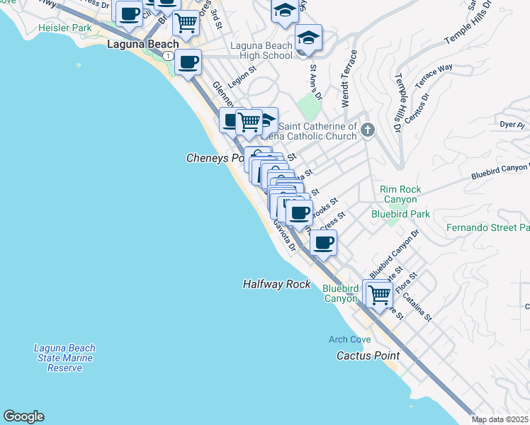 map of restaurants, bars, coffee shops, grocery stores, and more near 1055 Gaviota Drive in Laguna Beach