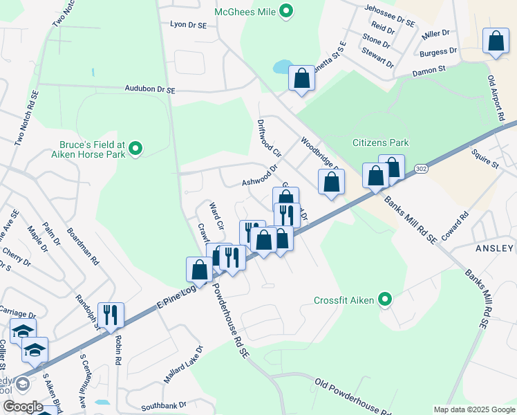 map of restaurants, bars, coffee shops, grocery stores, and more near 317 East Hedge Road in Aiken