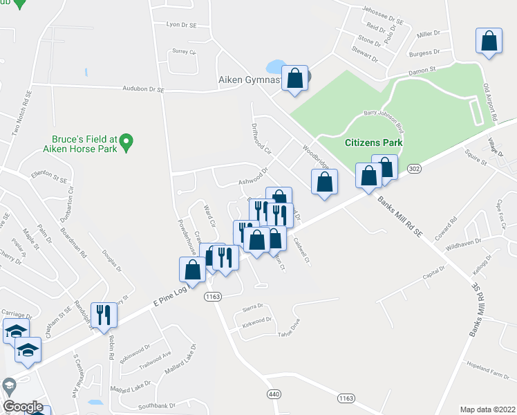 map of restaurants, bars, coffee shops, grocery stores, and more near 300 East Hedge Road in Aiken