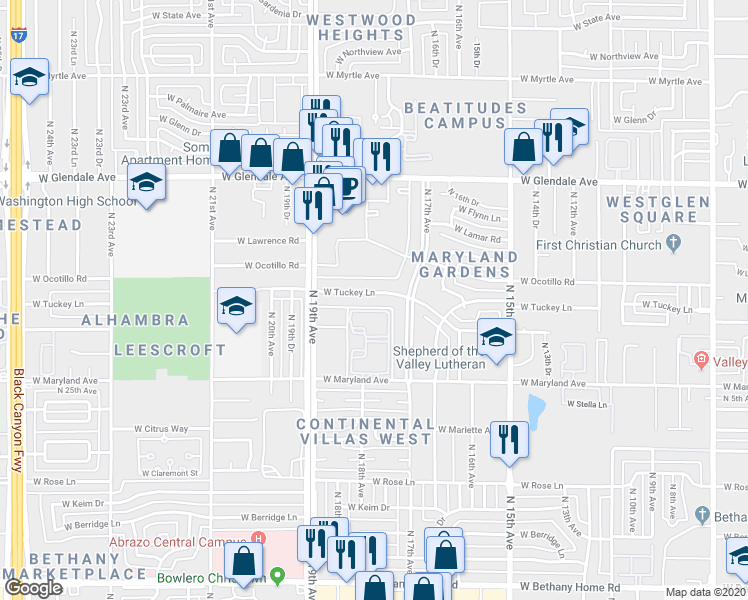 map of restaurants, bars, coffee shops, grocery stores, and more near 1701 West Tuckey Lane in Phoenix