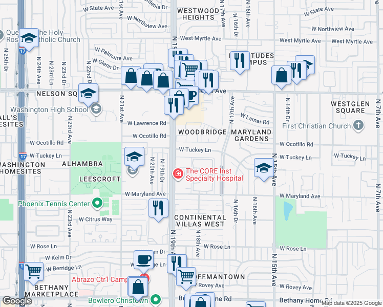 map of restaurants, bars, coffee shops, grocery stores, and more near 1815 West Tuckey Lane in Phoenix