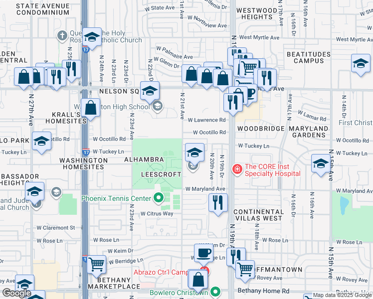 map of restaurants, bars, coffee shops, grocery stores, and more near 2045 West Tuckey Lane in Phoenix