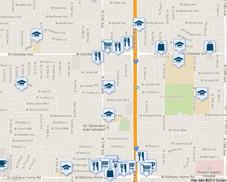 map of restaurants, bars, coffee shops, grocery stores, and more near 2675 West Ocotillo Road in Phoenix