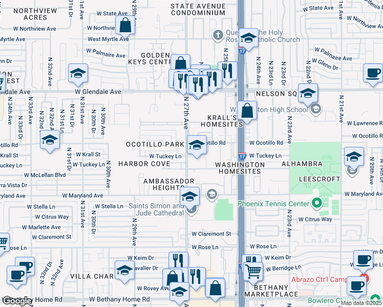 map of restaurants, bars, coffee shops, grocery stores, and more near 2675 West Ocotillo Road in Phoenix