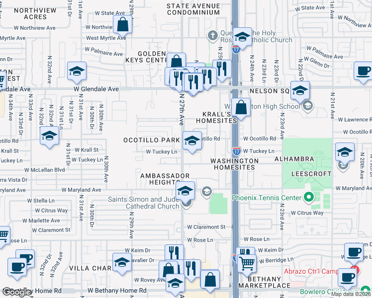 map of restaurants, bars, coffee shops, grocery stores, and more near 2675 West Ocotillo Road in Phoenix