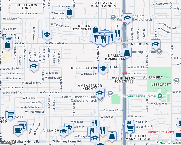 map of restaurants, bars, coffee shops, grocery stores, and more near 2748 West Tuckey Lane in Phoenix