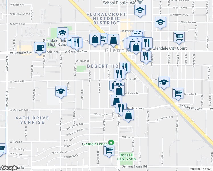 map of restaurants, bars, coffee shops, grocery stores, and more near 6622 North 59th Drive in Glendale