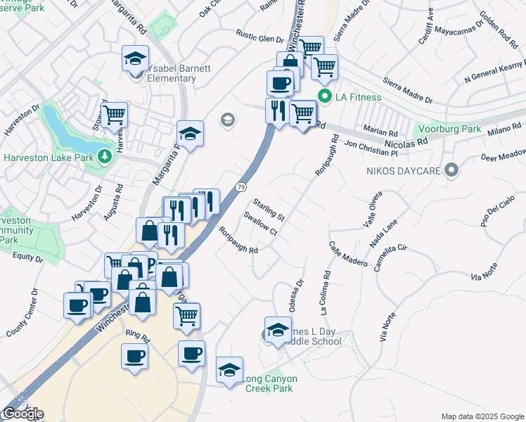 map of restaurants, bars, coffee shops, grocery stores, and more near 27463 Senna Court in Temecula