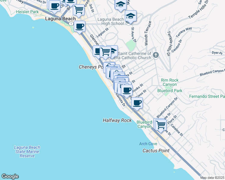 map of restaurants, bars, coffee shops, grocery stores, and more near 1051 Gaviota Drive in Laguna Beach