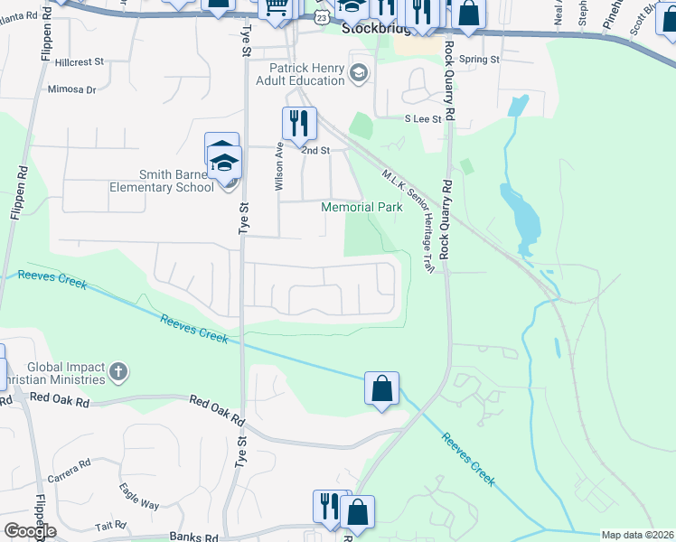 map of restaurants, bars, coffee shops, grocery stores, and more near 134 Misty Ridge Trail in Stockbridge