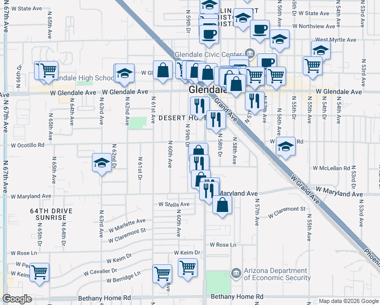 map of restaurants, bars, coffee shops, grocery stores, and more near 6622 North 59th Drive in Glendale