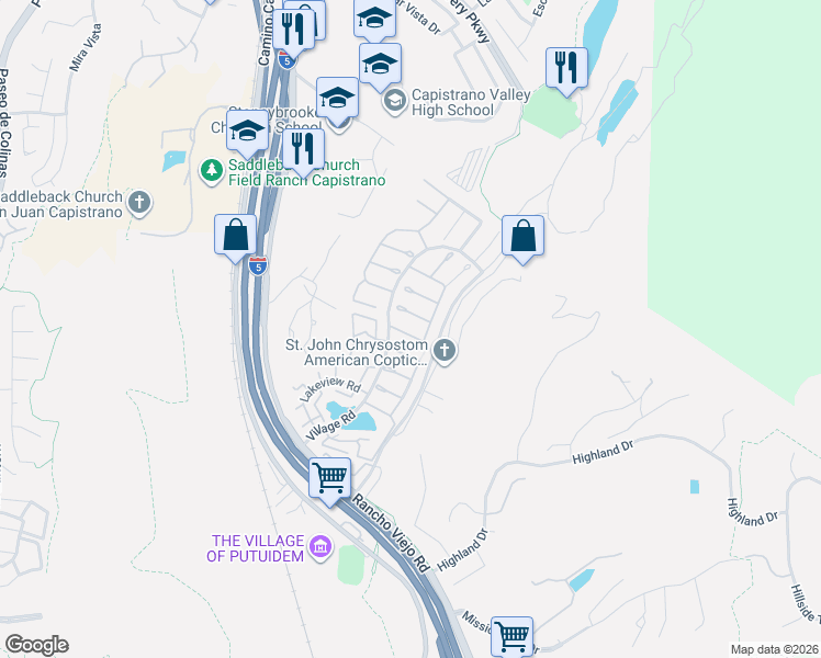 map of restaurants, bars, coffee shops, grocery stores, and more near 26442 Arbor Road in San Juan Capistrano