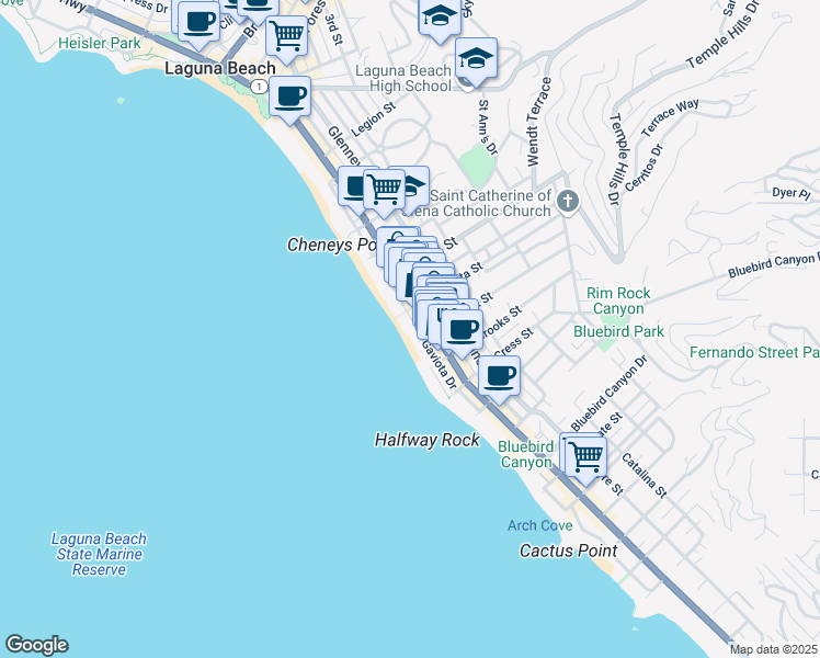 map of restaurants, bars, coffee shops, grocery stores, and more near 1059 Gaviota Drive in Laguna Beach