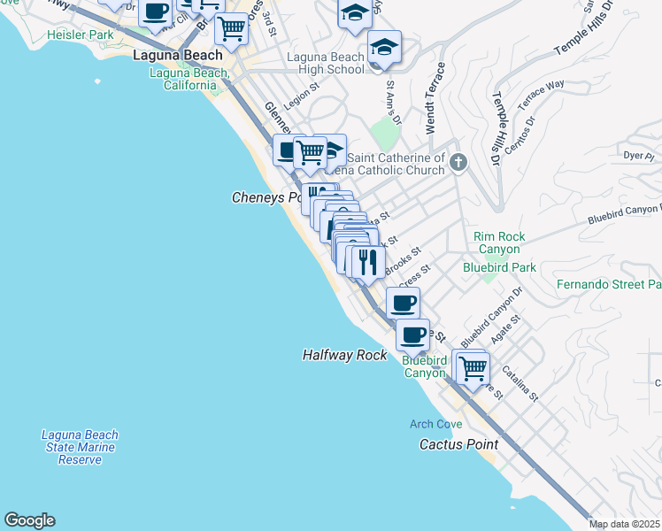 map of restaurants, bars, coffee shops, grocery stores, and more near 1051 Gaviota Drive in Laguna Beach