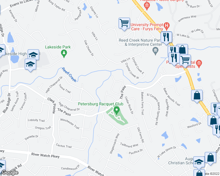 map of restaurants, bars, coffee shops, grocery stores, and more near 3762 Boulder Trail in Augusta