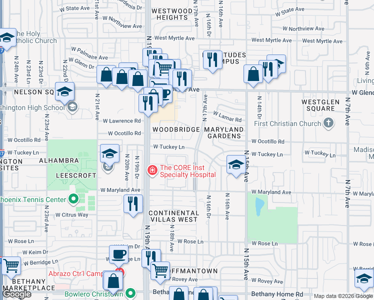 map of restaurants, bars, coffee shops, grocery stores, and more near 1701 West Tuckey Lane in Phoenix