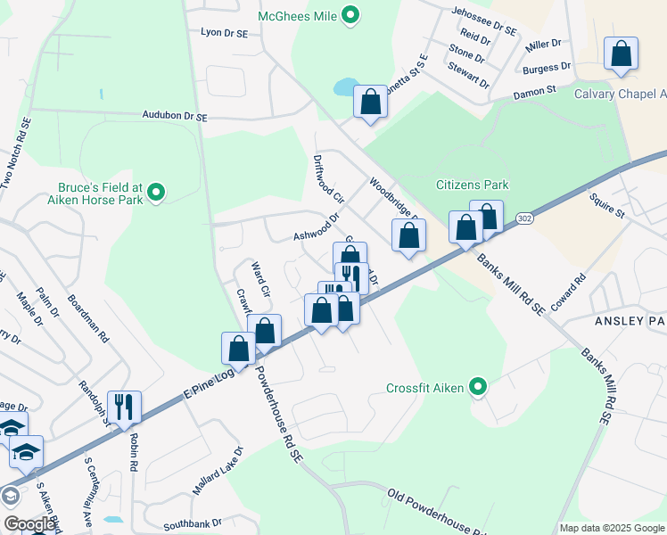map of restaurants, bars, coffee shops, grocery stores, and more near 326 East Hedge Road in Aiken