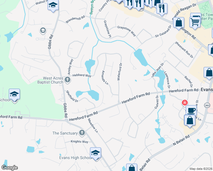 map of restaurants, bars, coffee shops, grocery stores, and more near 4494 Amanda Ln in Evans