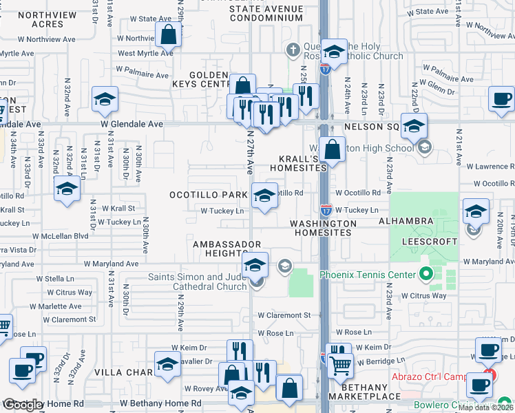 map of restaurants, bars, coffee shops, grocery stores, and more near 2675 West Ocotillo Road in Phoenix