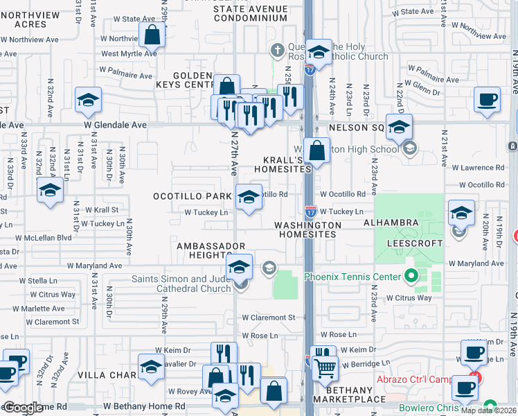 map of restaurants, bars, coffee shops, grocery stores, and more near 2675 West Ocotillo Road in Phoenix