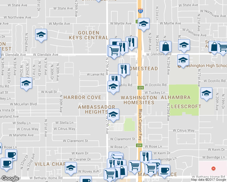 map of restaurants, bars, coffee shops, grocery stores, and more near 2675 West Ocotillo Road in Phoenix