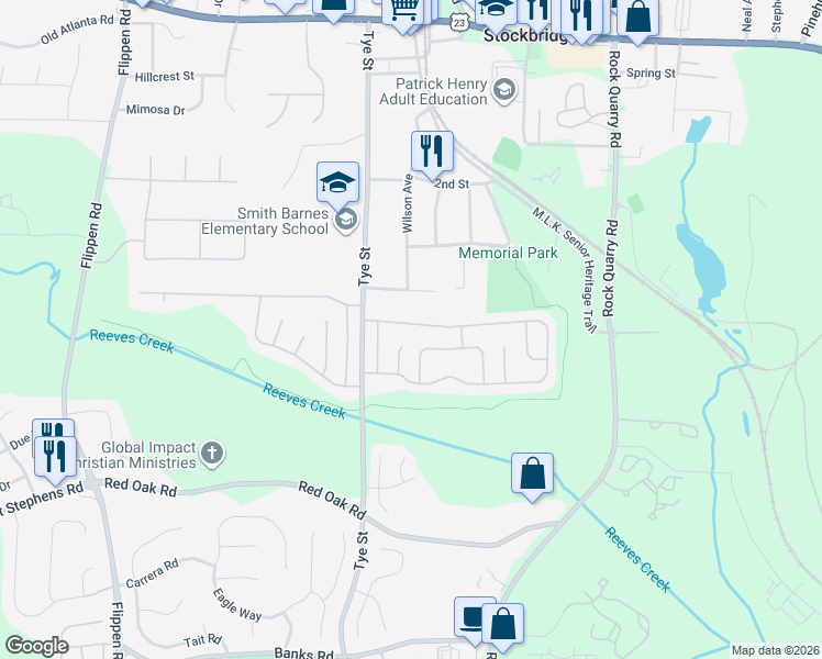 map of restaurants, bars, coffee shops, grocery stores, and more near 410 Sunny Field Court in Stockbridge