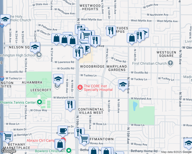 map of restaurants, bars, coffee shops, grocery stores, and more near 1701 West Tuckey Lane in Phoenix