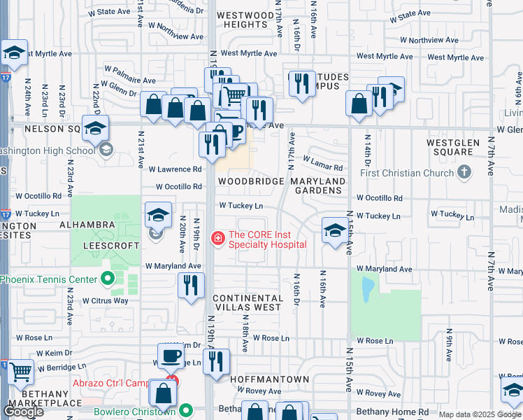 map of restaurants, bars, coffee shops, grocery stores, and more near 1701 West Tuckey Lane in Phoenix