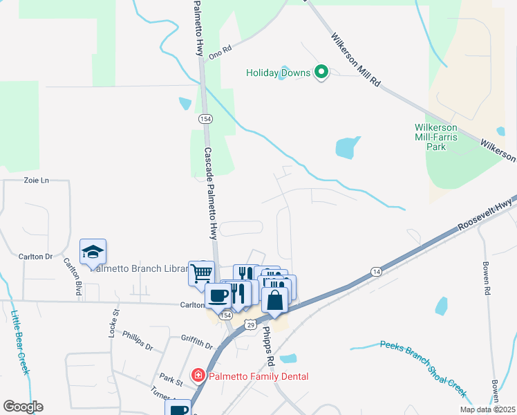 map of restaurants, bars, coffee shops, grocery stores, and more near 501 Princeton Drive in Palmetto
