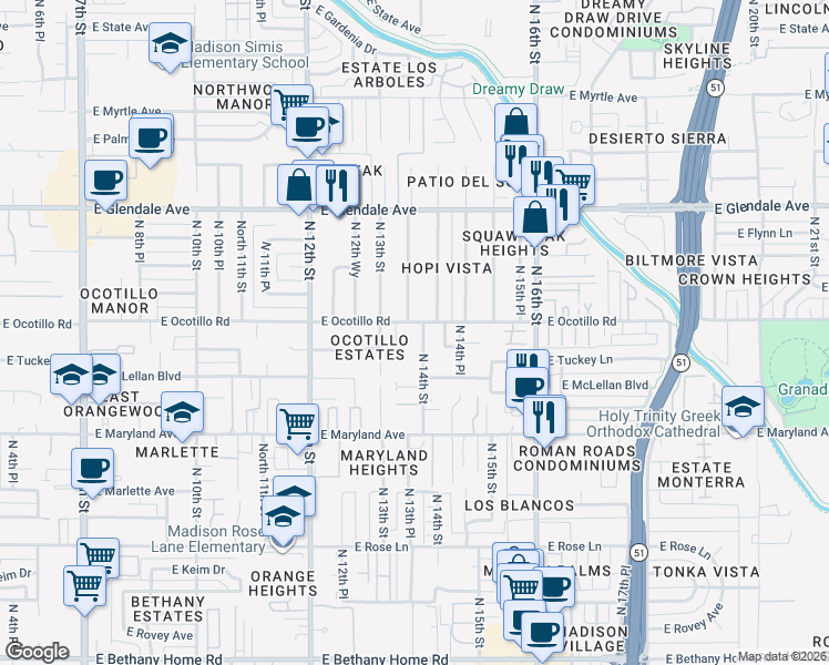 map of restaurants, bars, coffee shops, grocery stores, and more near 6629 North 14th Street in Phoenix