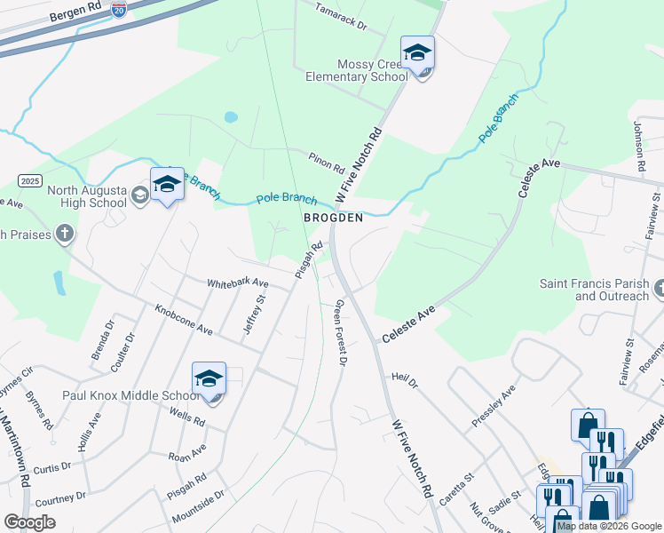 map of restaurants, bars, coffee shops, grocery stores, and more near West Five Notch Road in North Augusta