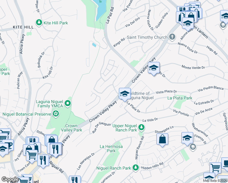 map of restaurants, bars, coffee shops, grocery stores, and more near 29512 Crown Creek in Laguna Niguel