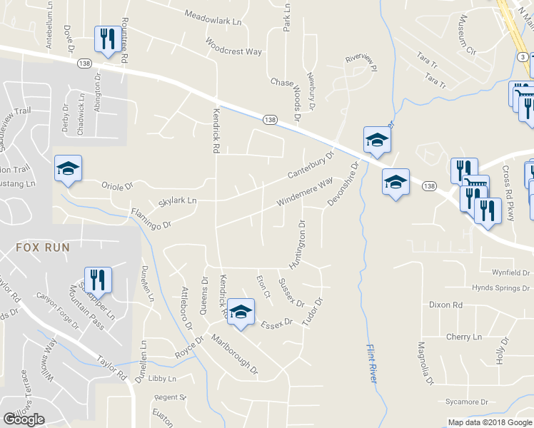map of restaurants, bars, coffee shops, grocery stores, and more near 237 Windemere Way in Jonesboro