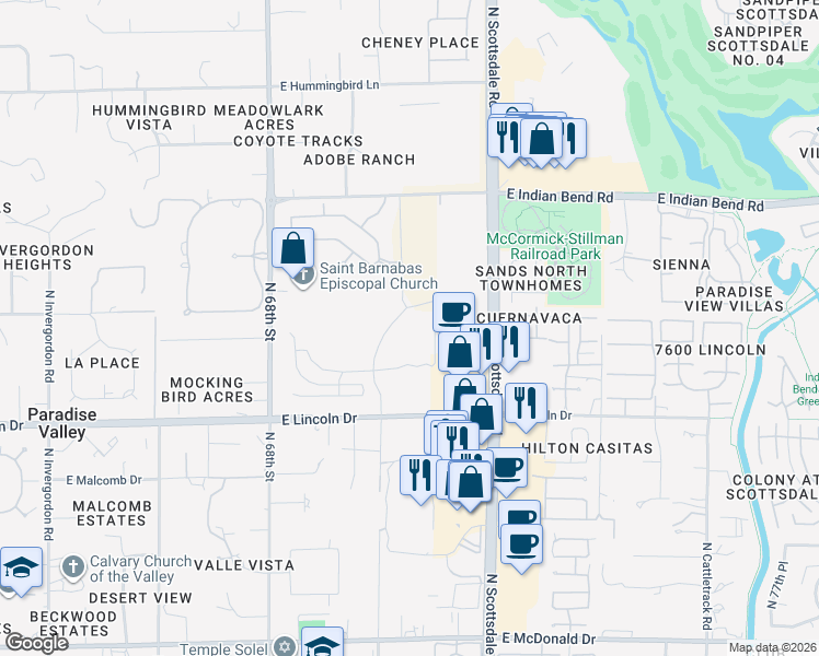 map of restaurants, bars, coffee shops, grocery stores, and more near 6635 North 70th Place in Paradise Valley