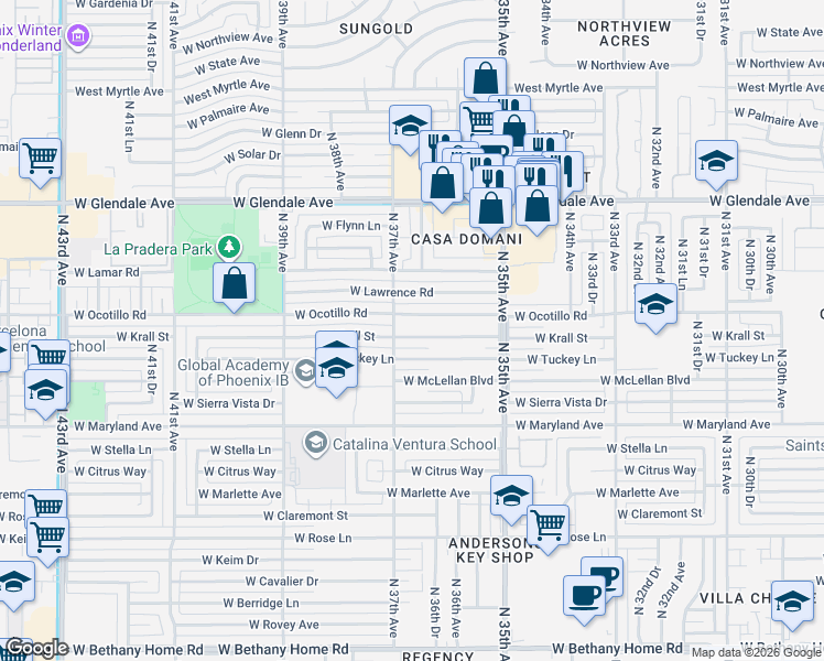 map of restaurants, bars, coffee shops, grocery stores, and more near 3649 West Krall Street in Phoenix