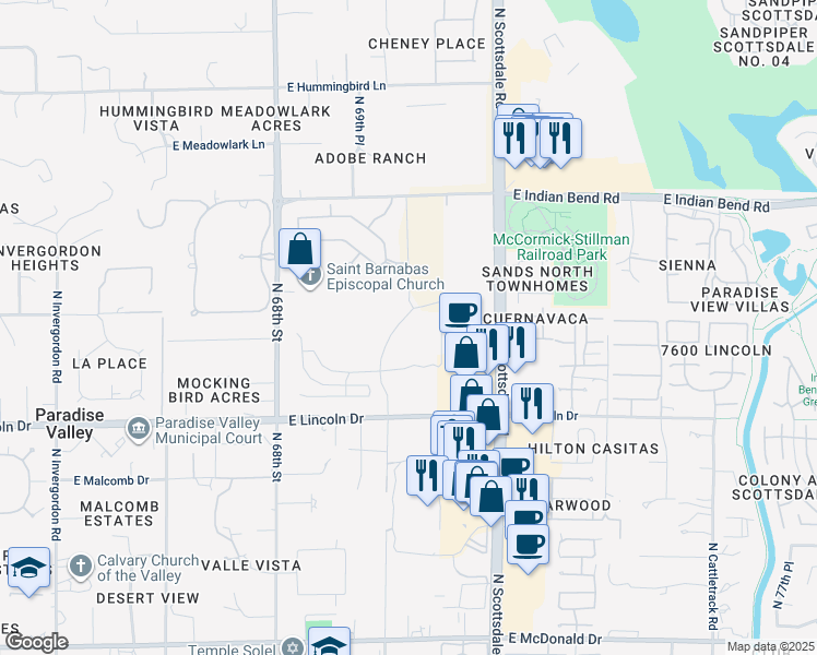 map of restaurants, bars, coffee shops, grocery stores, and more near 6720 North Scottsdale Road in Scottsdale