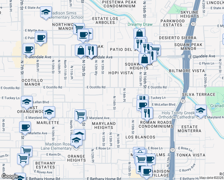 map of restaurants, bars, coffee shops, grocery stores, and more near 6629 North 14th Street in Phoenix