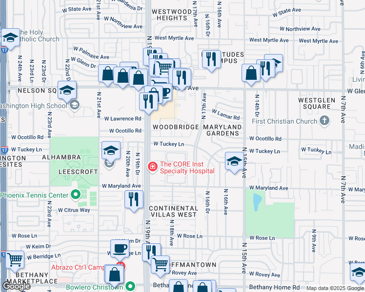 map of restaurants, bars, coffee shops, grocery stores, and more near 1701 West Tuckey Lane in Phoenix