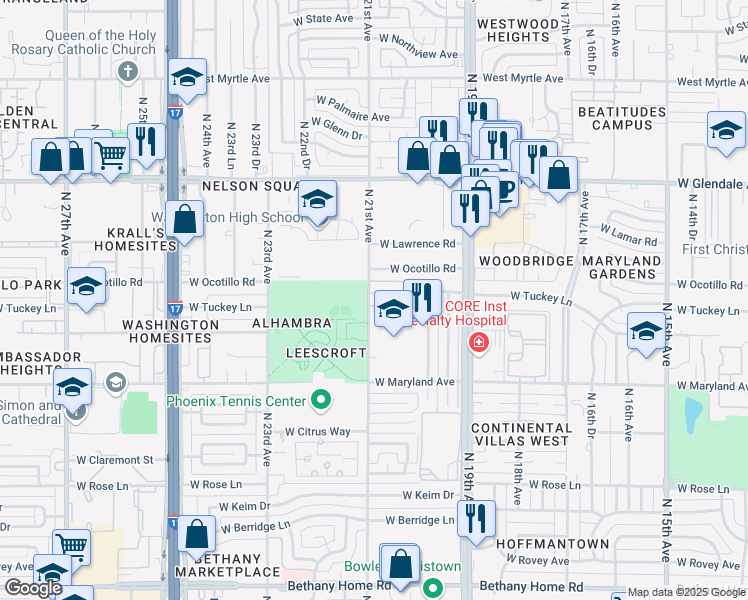 map of restaurants, bars, coffee shops, grocery stores, and more near 2045 West Tuckey Lane in Phoenix