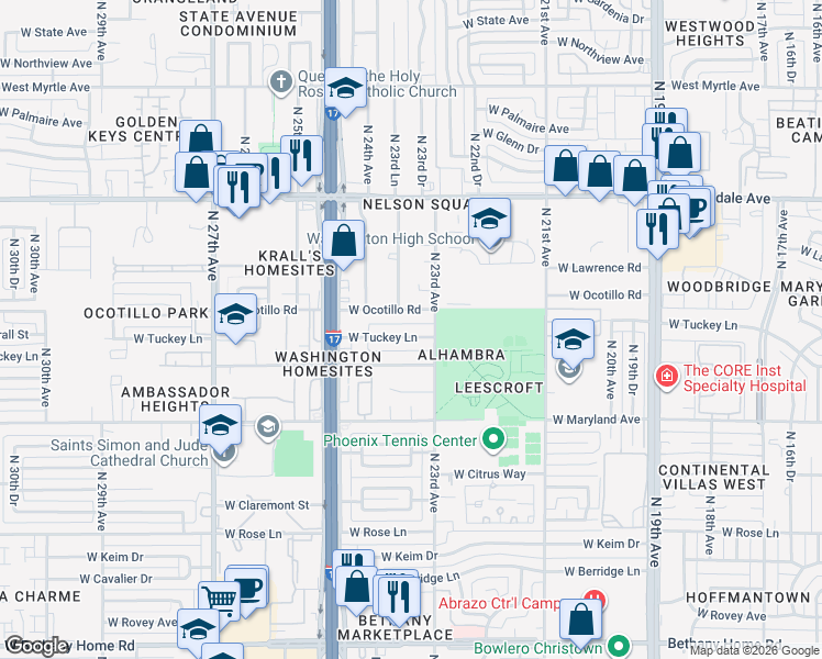 map of restaurants, bars, coffee shops, grocery stores, and more near 2301 West Tuckey Lane in Phoenix