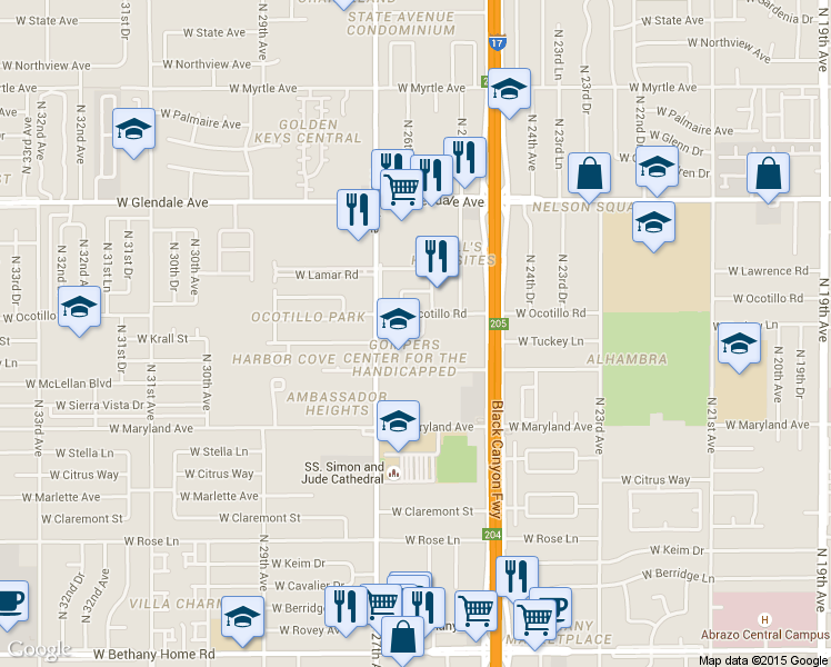 map of restaurants, bars, coffee shops, grocery stores, and more near 2675 West Ocotillo Road in Phoenix