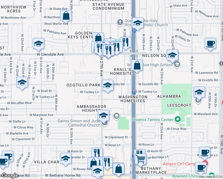 map of restaurants, bars, coffee shops, grocery stores, and more near 2675 West Ocotillo Road in Phoenix