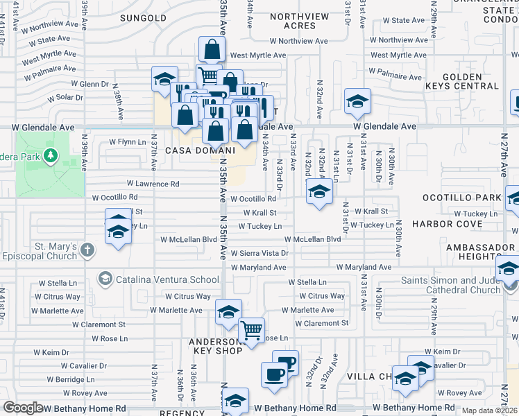 map of restaurants, bars, coffee shops, grocery stores, and more near 3415 West Krall Street in Phoenix