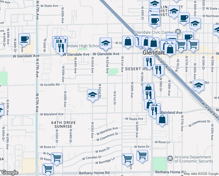 map of restaurants, bars, coffee shops, grocery stores, and more near 6621 North 62nd Avenue in Glendale