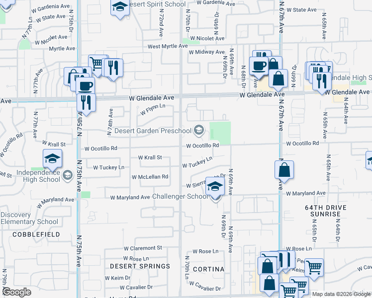 map of restaurants, bars, coffee shops, grocery stores, and more near 6726 North 71st Avenue in Glendale
