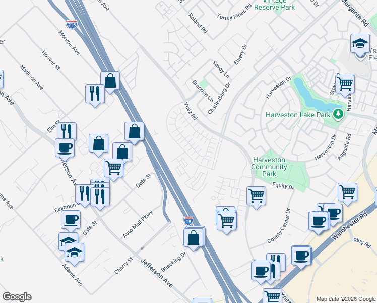 map of restaurants, bars, coffee shops, grocery stores, and more near 40629 Melrose Drive in Temecula