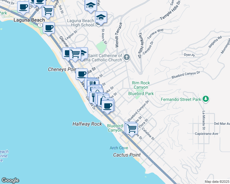 map of restaurants, bars, coffee shops, grocery stores, and more near 440 Cress Street in Laguna Beach